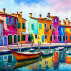 Colorful Houses by Canal with Boats and Blue Sky Reflections