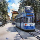 Vibrant watercolor painting of colorful vintage trams on sunlit street