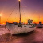 Digital artwork: Boats on calm waters at vibrant sunset with mosaic sky.