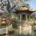 Tranquil Asian garden with bridge, gazebo, blooming trees, water, vases