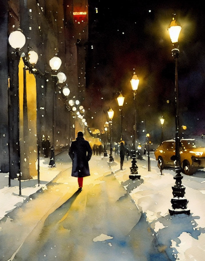 Person in dark coat and red pants walking snowy street with glowing streetlamps and yellow cab