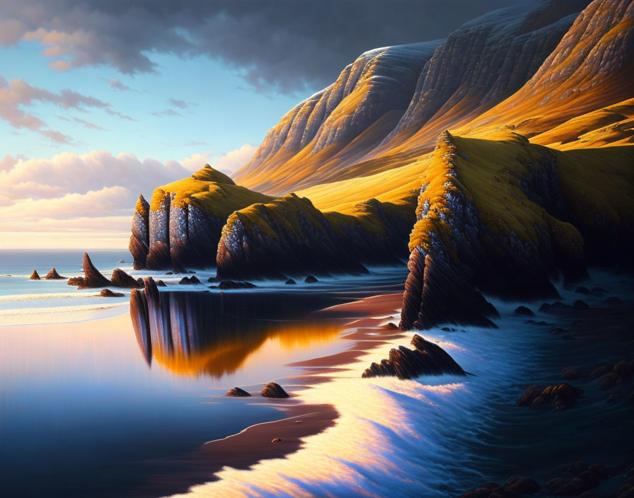 Serene coastline with dramatic cliffs and tranquil sea in golden sunlight