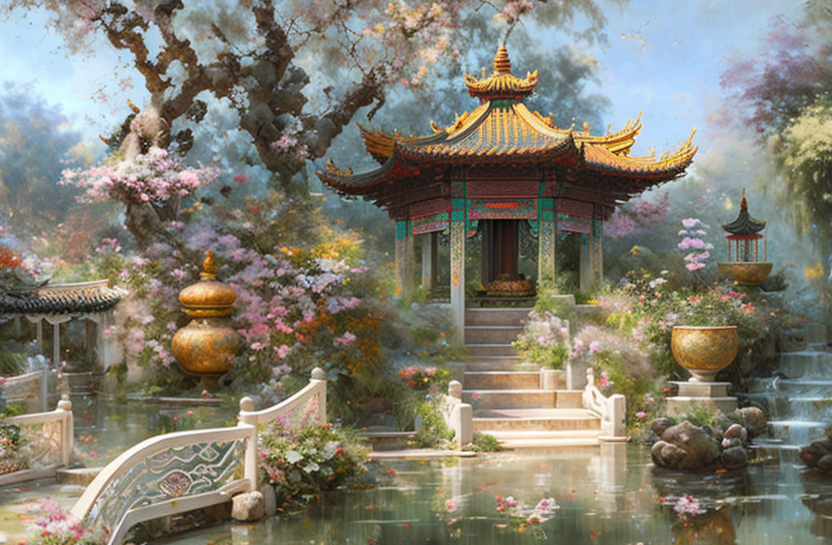 Tranquil Asian garden with bridge, gazebo, blooming trees, water, vases