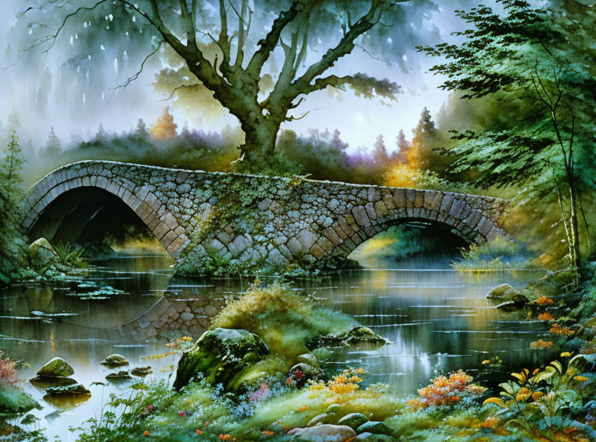 Serene river scene: stone bridge in lush forest with misty light