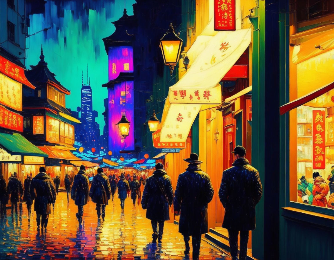 Colorful Night Street Scene with People, Lanterns, and Neon Signs