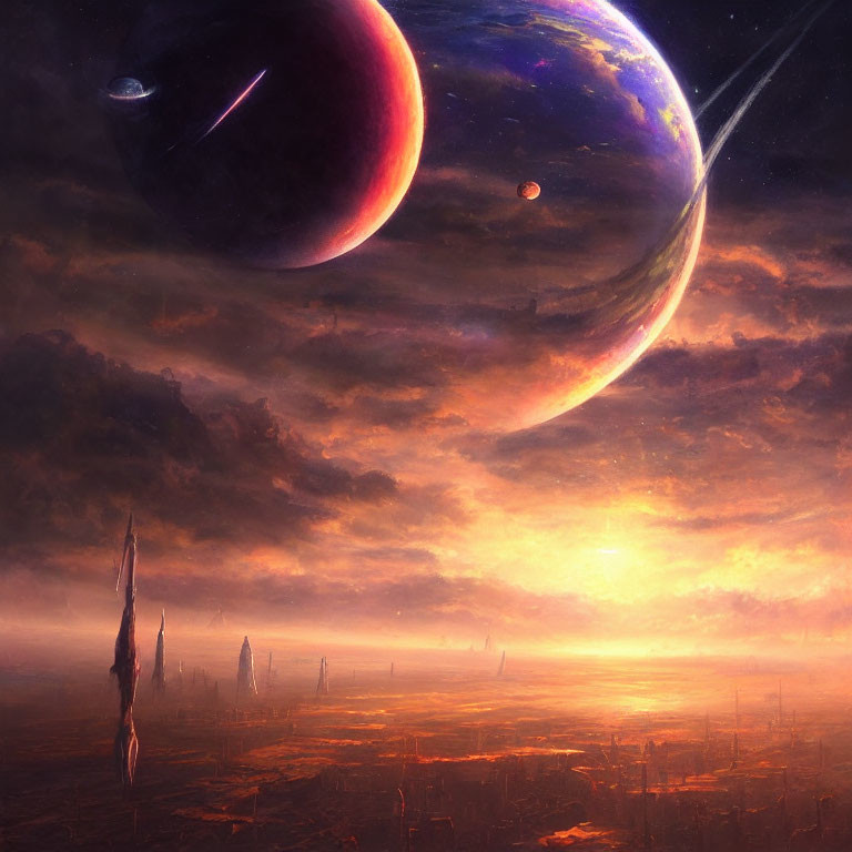 Futuristic cityscape with large planets and falling meteor