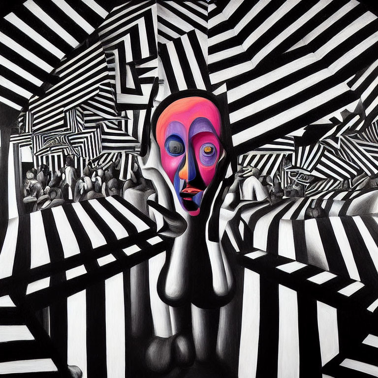 Monochrome Striped Scene with Abstract Humanoid Face