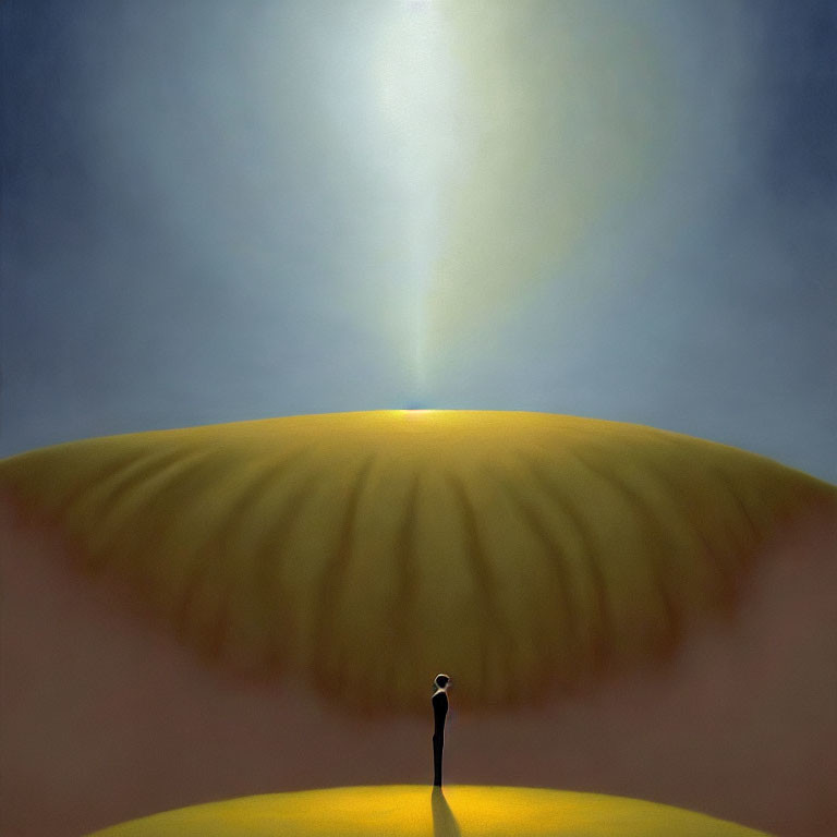 Solitary Figure Standing Under Radiating Sunbeam in Warm-Toned Landscape