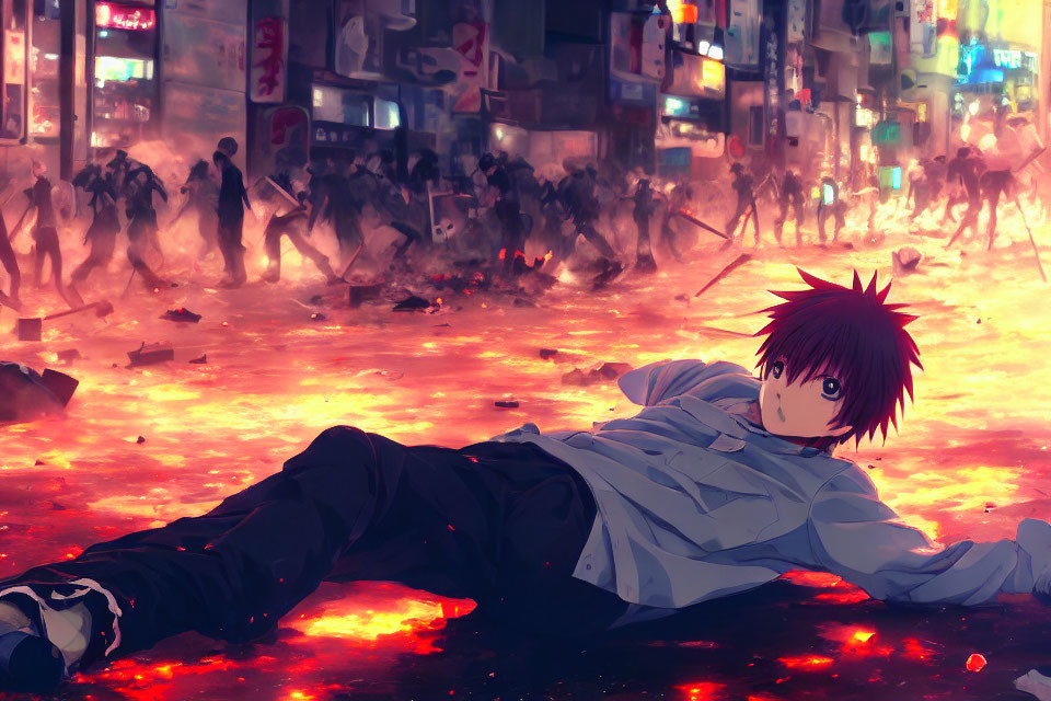 Anime-style character in chaotic fiery city street with crowds and debris under gloomy sky