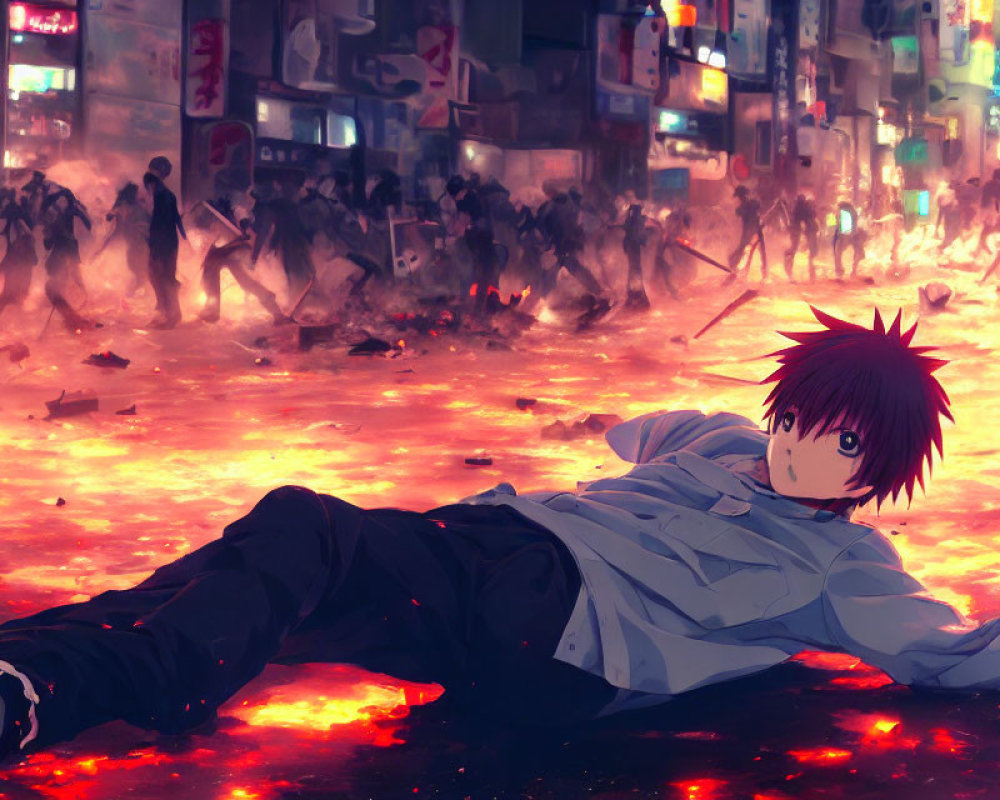 Anime-style character in chaotic fiery city street with crowds and debris under gloomy sky