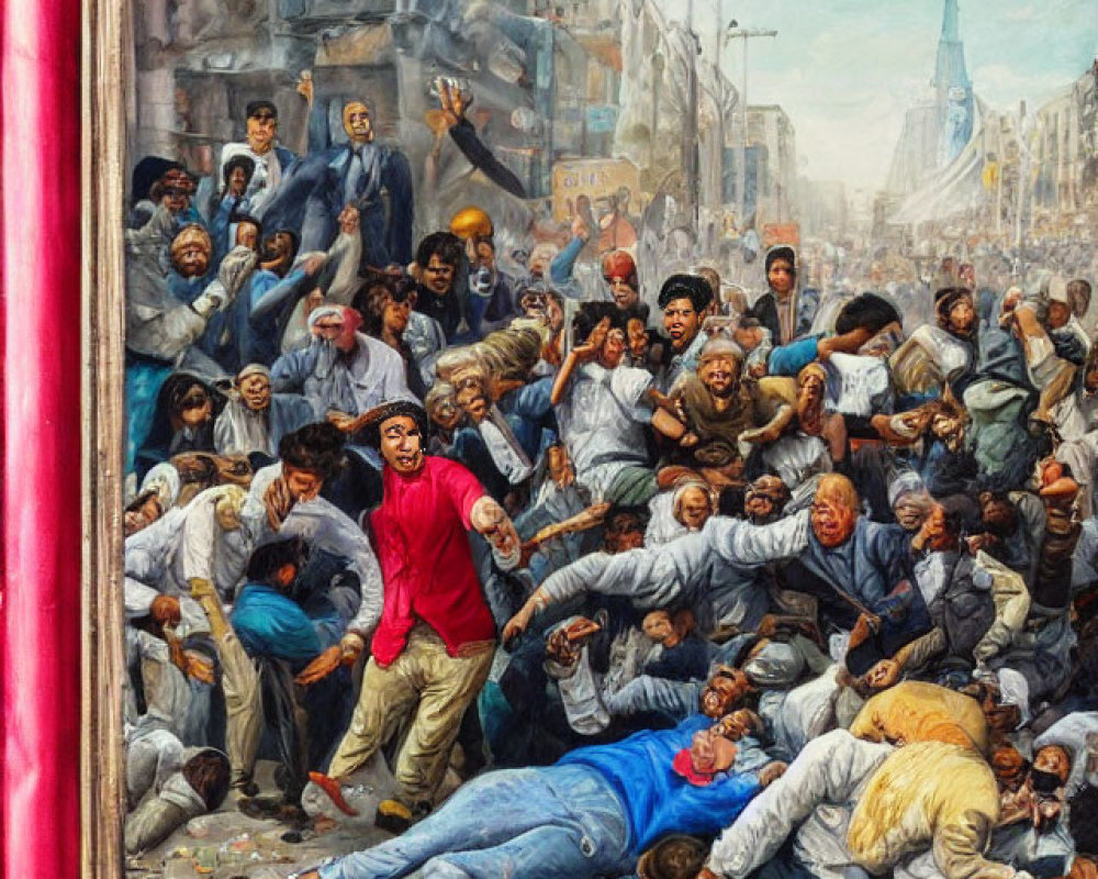 Chaotic street scene painting with crowd frenzy and urban architecture.