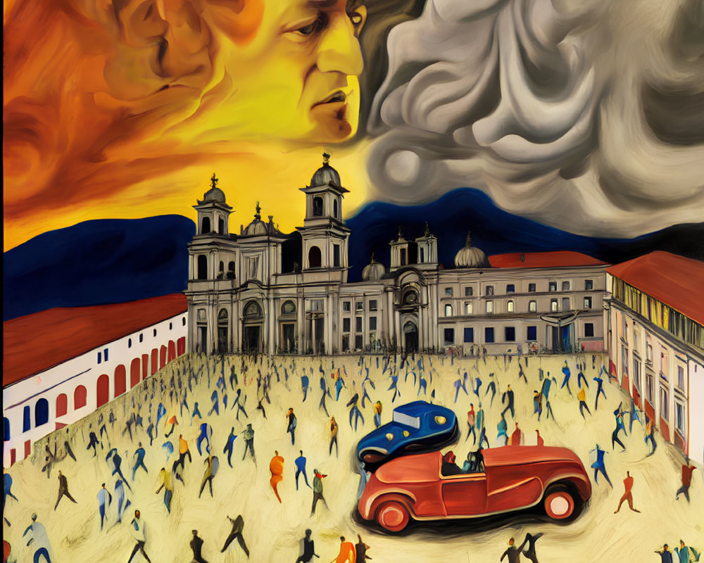 Colorful Surreal Painting of Busy Crowd and Classic Buildings Under Contrasting Sky