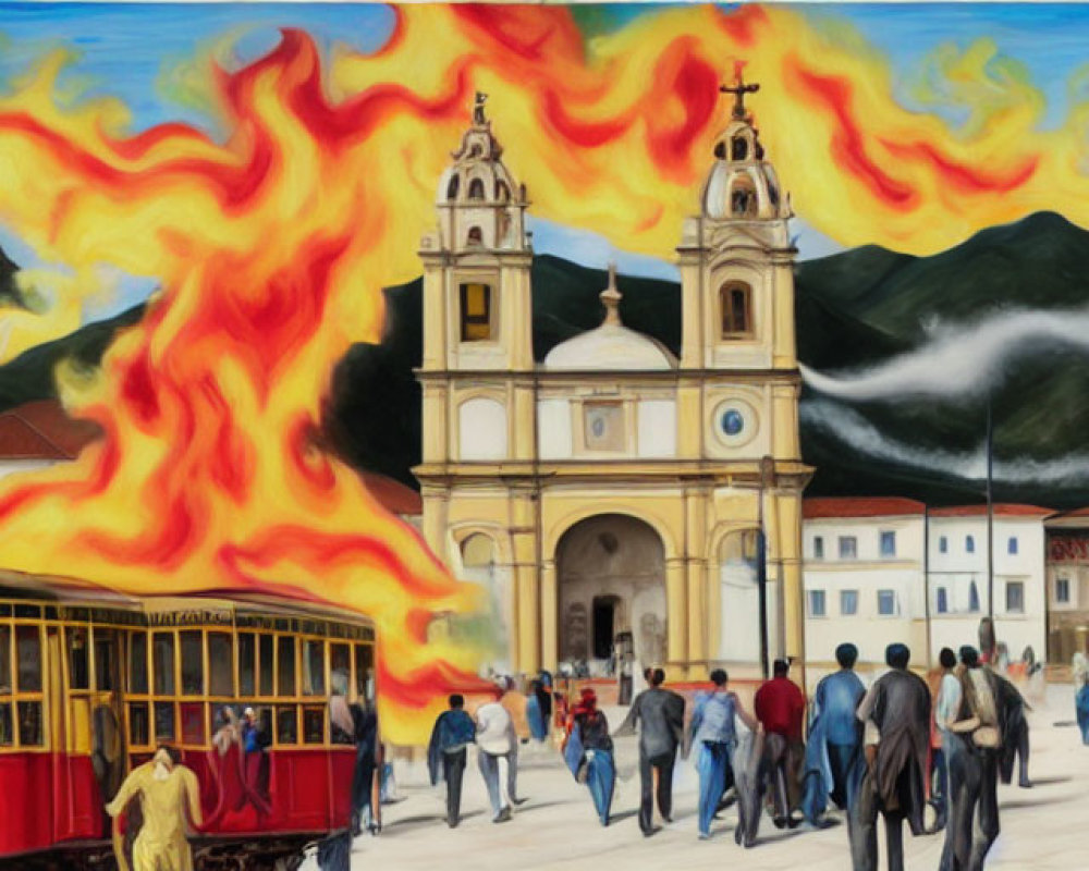 Illustration of town square with church, mountains in flames, and classic tram