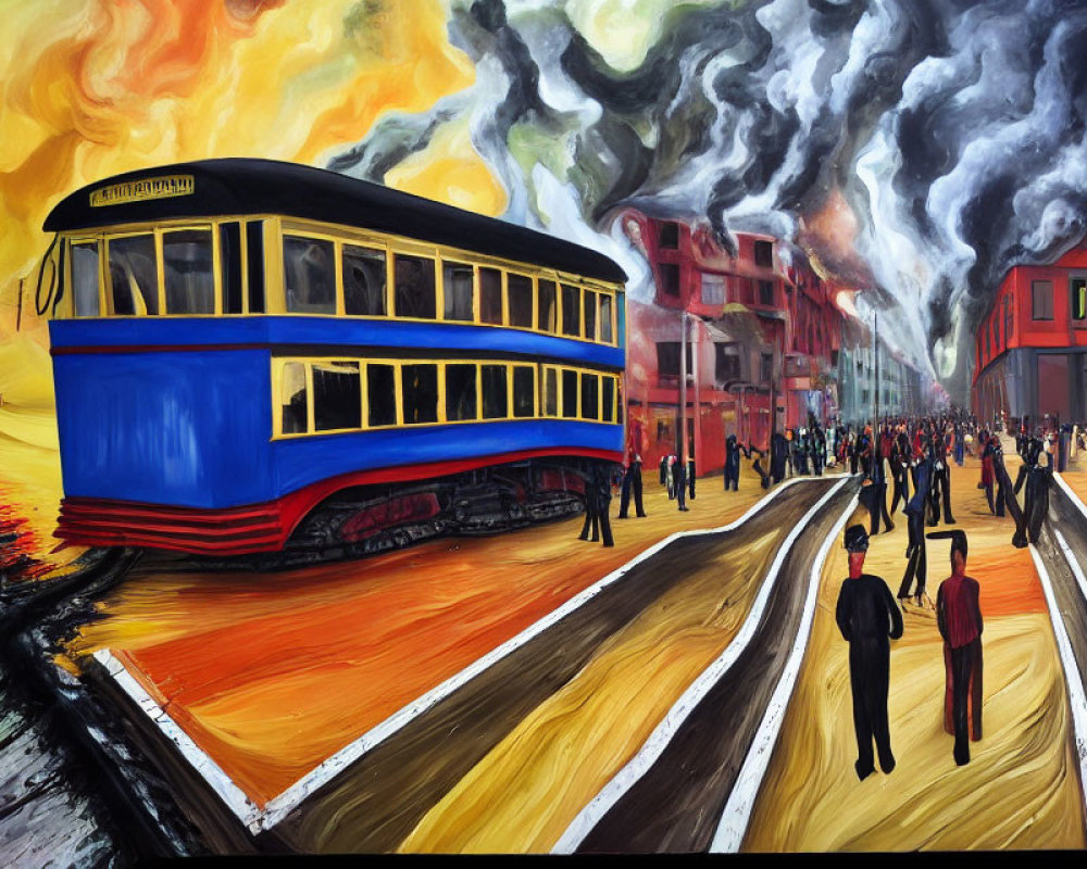 Vivid painting of blue and yellow tram in chaotic urban scene