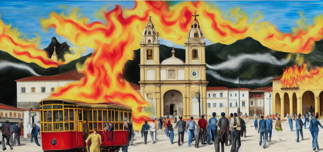 Illustration of town square with church, mountains in flames, and classic tram