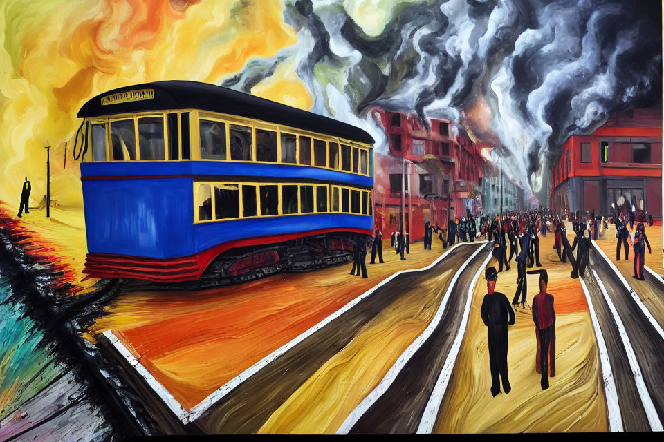 Vivid painting of blue and yellow tram in chaotic urban scene