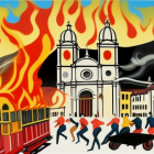 Illustration of town square with church, mountains in flames, and classic tram