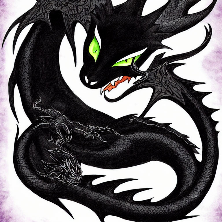 Black dragon with green eyes, menacingly curled body, spread wings, and visible fangs