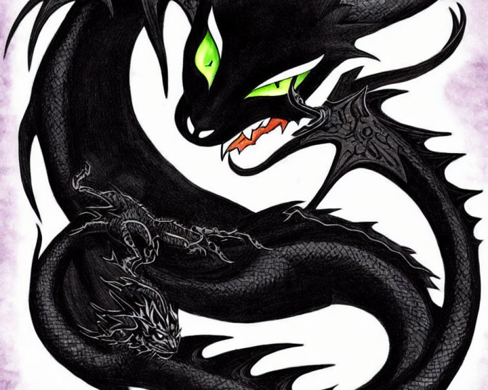 Black dragon with green eyes, menacingly curled body, spread wings, and visible fangs