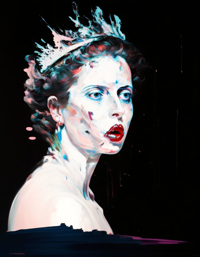 Portrait of Woman with Striking Red Lipstick and White Crown on Dark Background