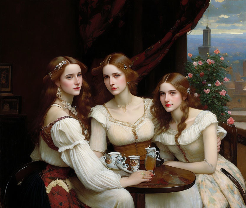 Three women in period attire at table with teapot, scenic backdrop through window