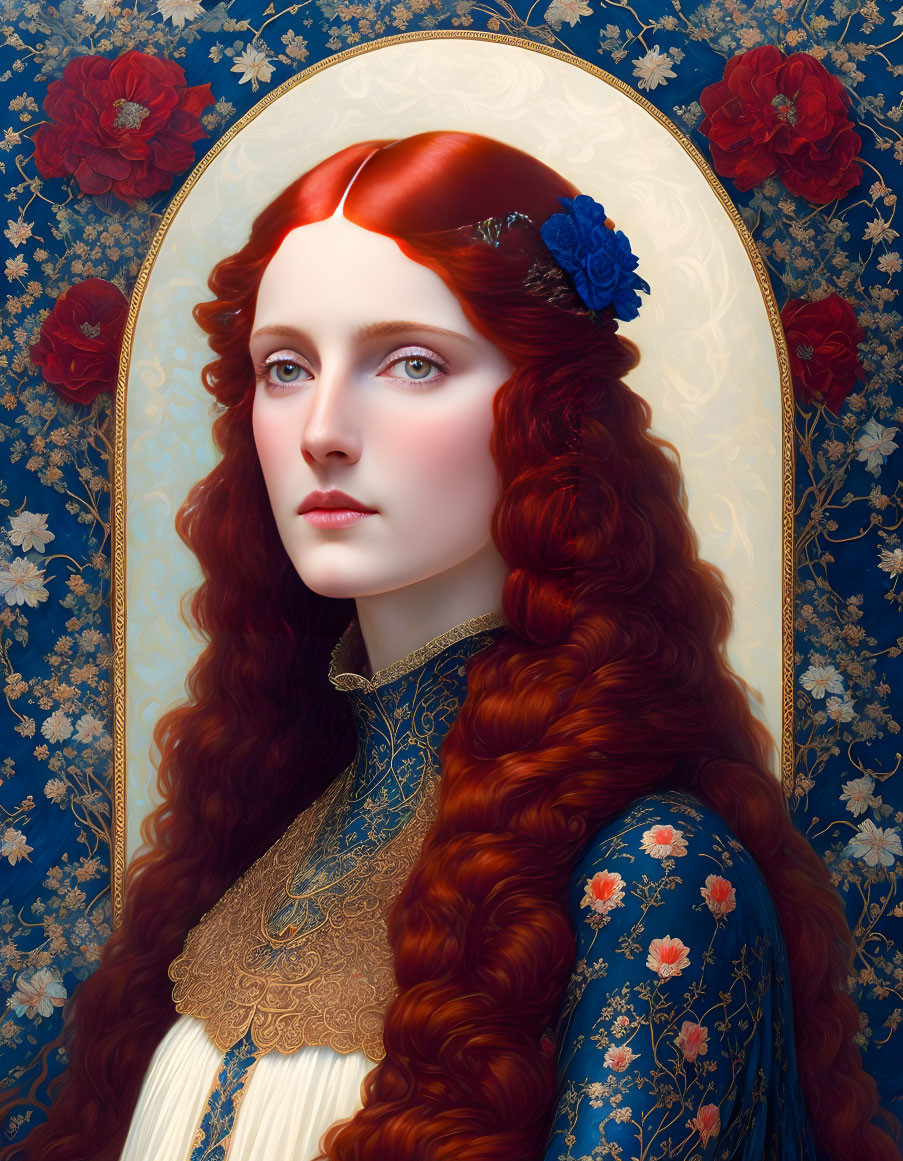 Woman with Red Hair in Medieval Dress on Blue Floral Background