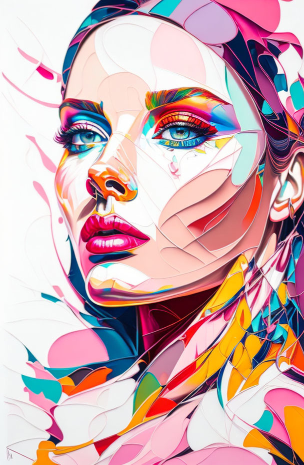 Abstract Portrait of Woman with Vibrant Splashes and Geometric Shapes