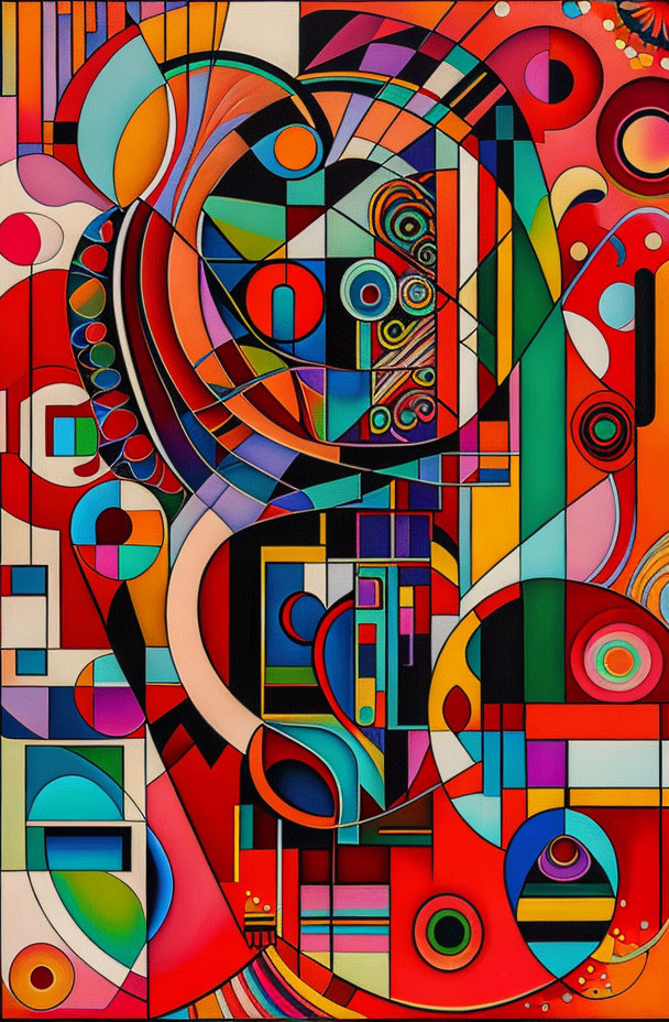 Colorful Abstract Painting: Geometric Shapes, Circles, Swirling Patterns