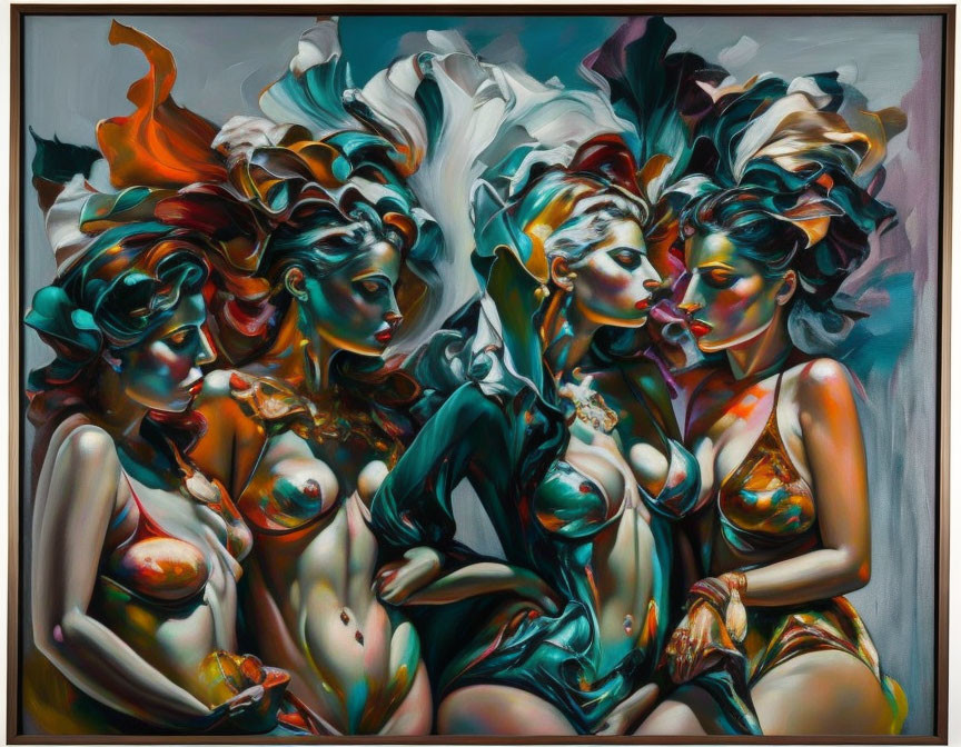 Colorful painting of five flowing-haired female figures with dramatic lighting, exuding dynamic movement and sensuality