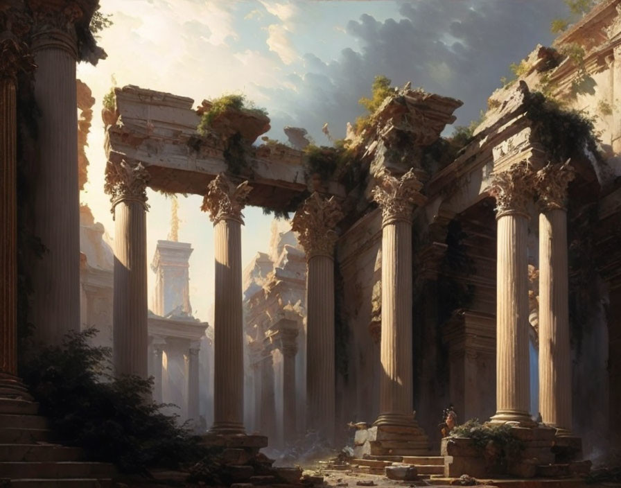 Sunlight filtering through Corinthian columns in ancient ruins.