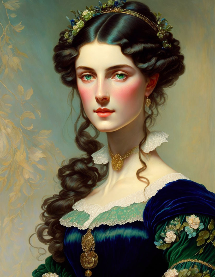 Portrait of a woman with green eyes, rosy cheeks, dark curled hair, adorned with flowers,