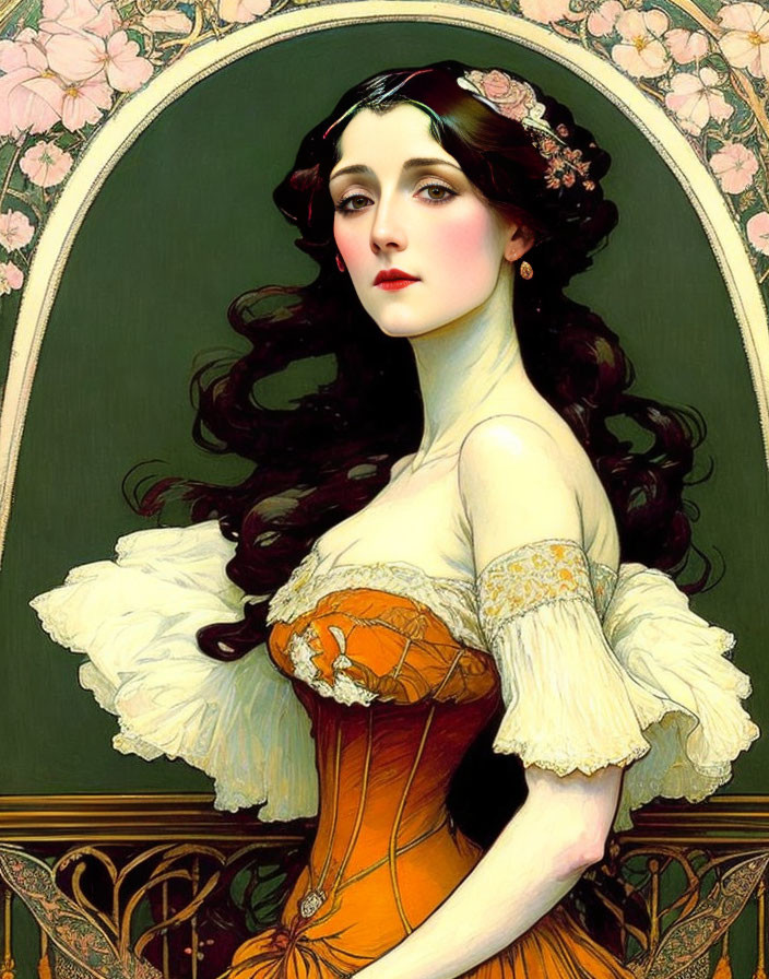 Illustration of elegant woman in orange corset under ornate arch