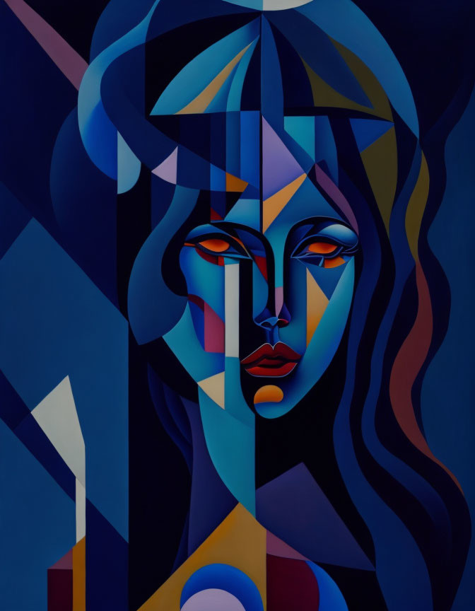 Geometric Cubist Portrait of Woman in Blues and Purples