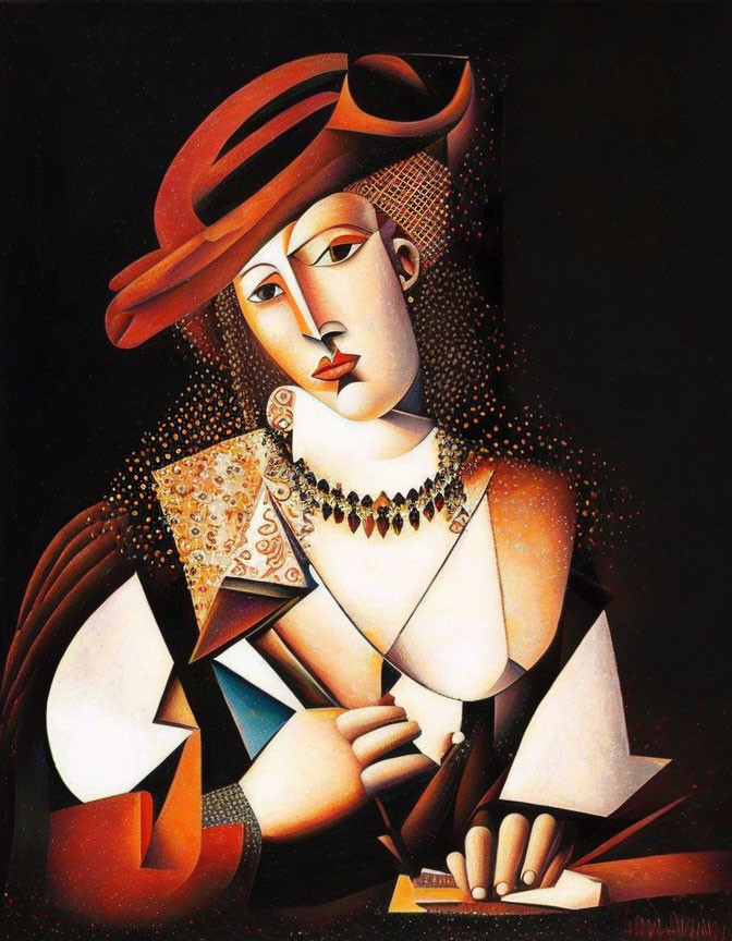 Cubist-style painting of woman with hat, jewelry, and book