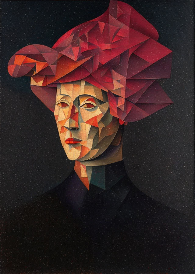 Geometric multi-colored abstract portrait with oversized red hat on dark background