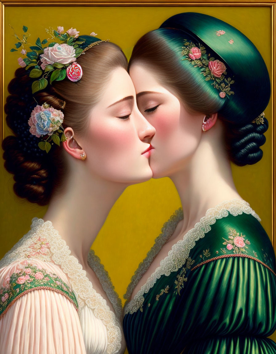 Digital Artwork: Two Women in Victorian Dresses Kissing on Yellow Background