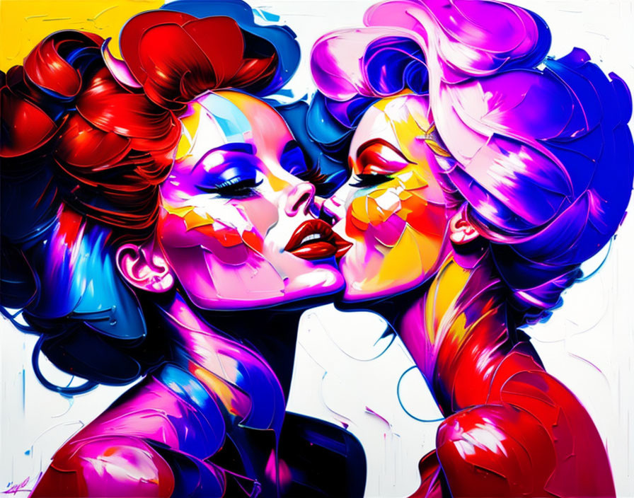 Abstract painting of two women with colorful hair and makeup in close pose