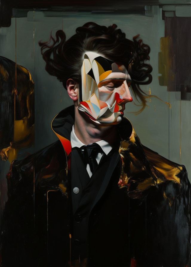 Surreal portrait of man with fragmented face on dark background