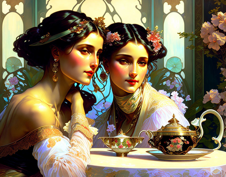 Vintage Attire Women with Floral Hairpieces at Tea Table