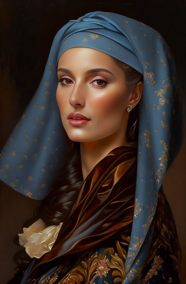 Woman in Blue Headscarf with Gold Patterns and Brown Garment Staring Pensively