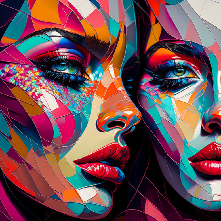 Vibrant abstract art: Two stylized female faces with geometric patterns