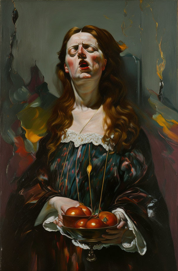 Woman with Closed Eyes Holding Apples in Dramatic Setting