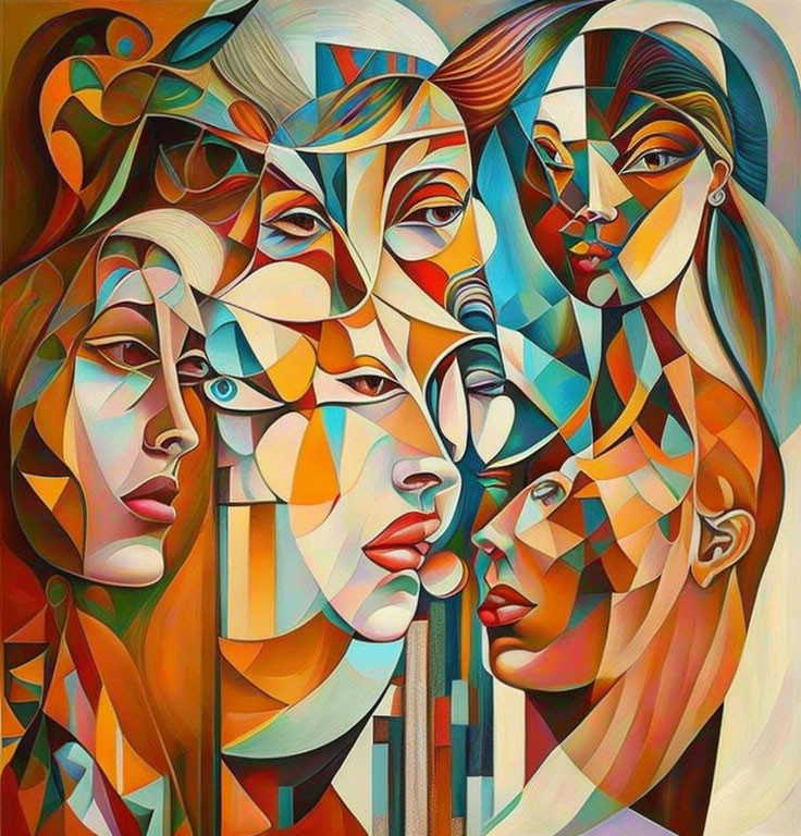 Vibrant Cubist Painting with Overlapping Faces & Geometric Shapes