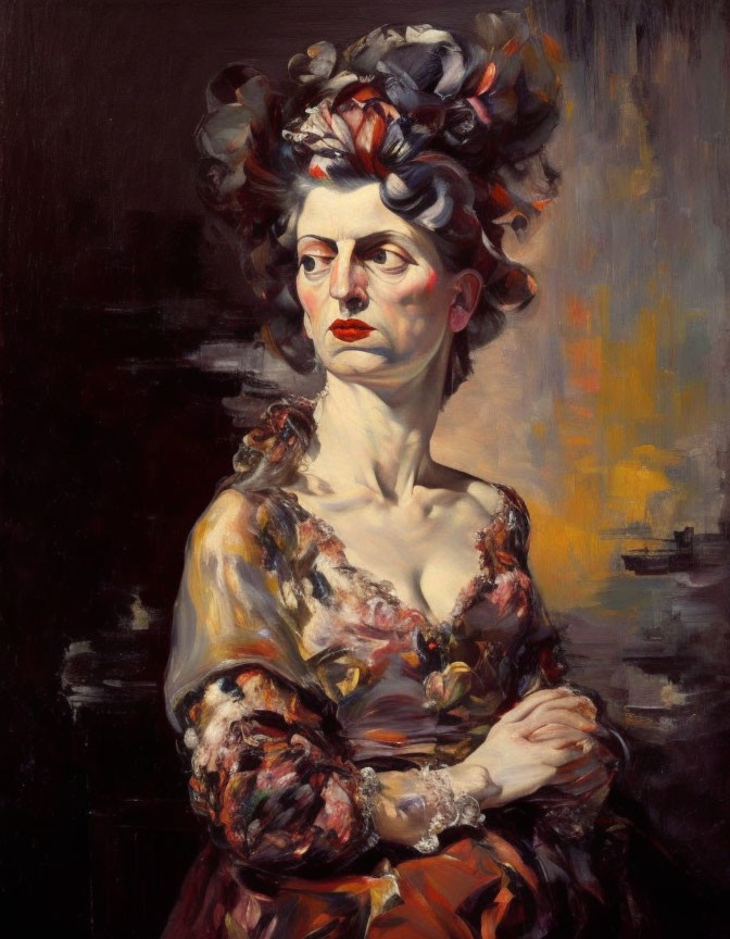 Elaborate updo and floral dress portrait of contemplative woman