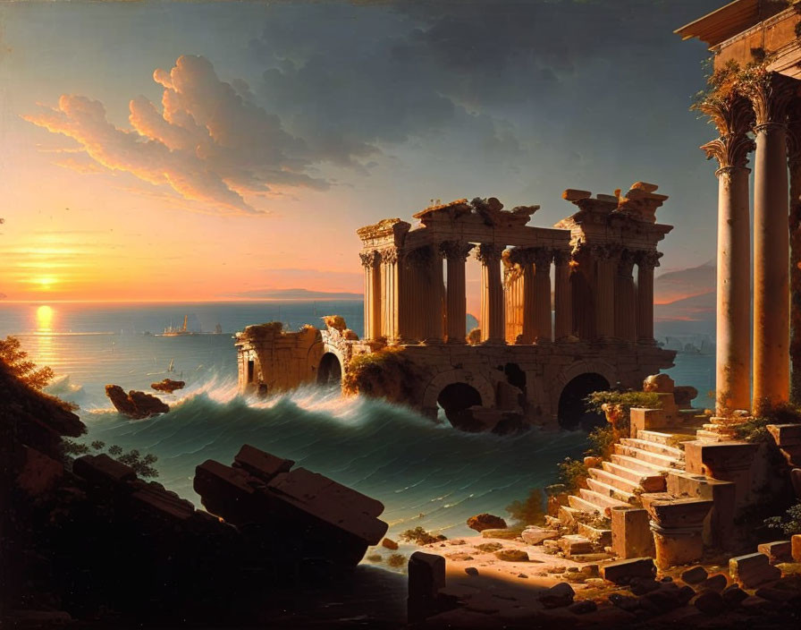 Romantic painting of ancient ruins by the sea at sunset