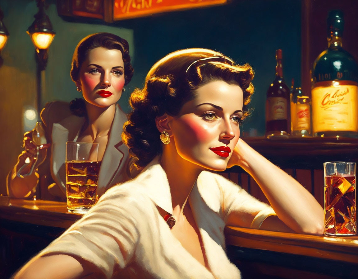 Vintage-style painting of woman at bar with mirror reflection, whiskey glass, and bottles.