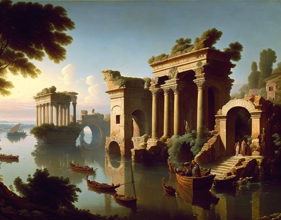 Ancient harbor painting with ruins, boats, trees, and figures