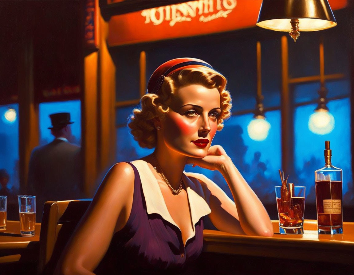 Vintage-style painting of a woman in red hat at a bar