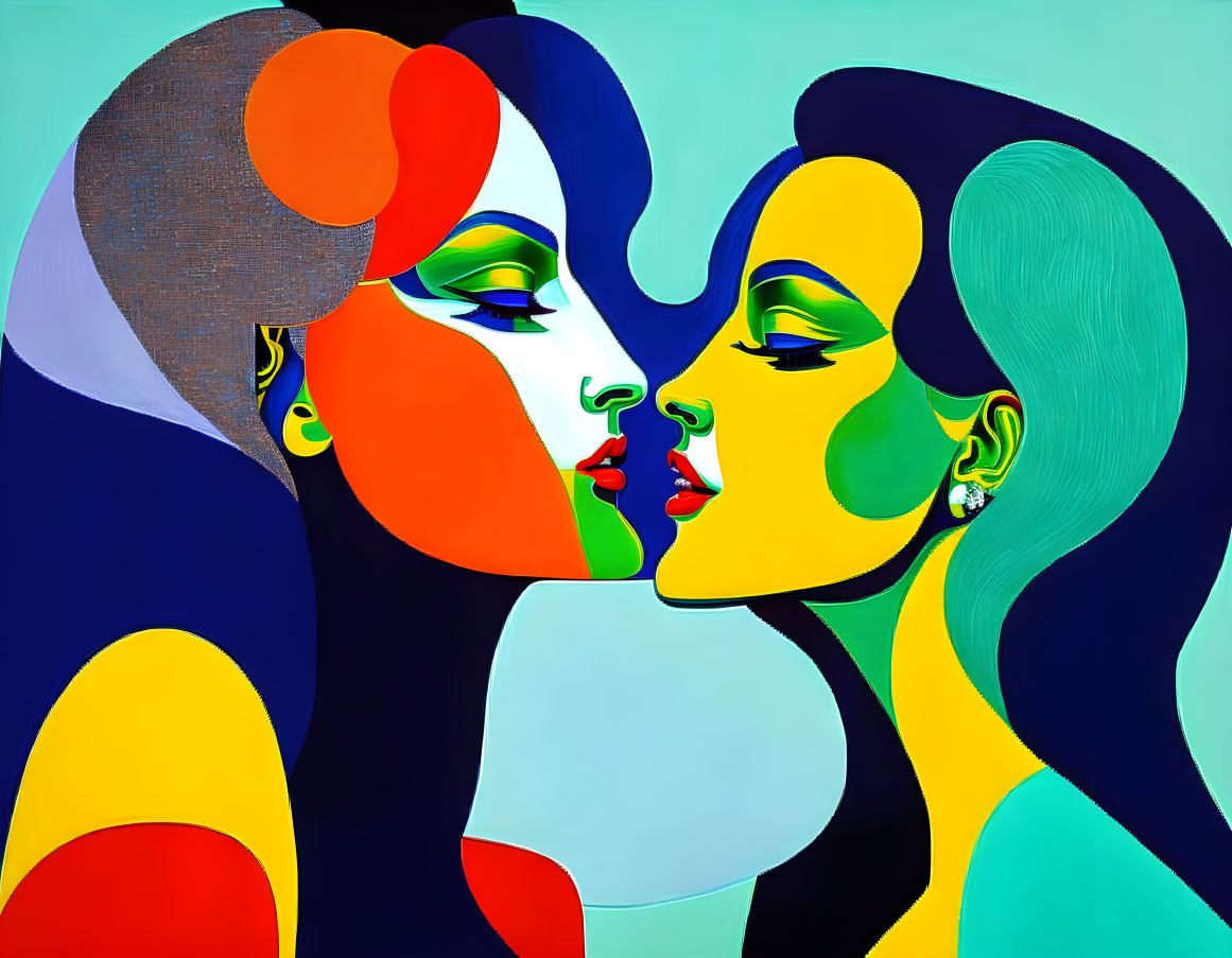 Colorful abstract painting: Two female faces in profile ready to kiss