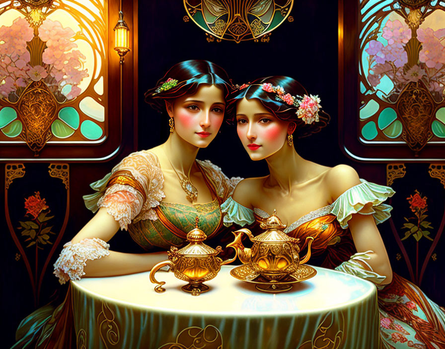 Vintage Dresses: Two Women at Table with Ornate Lamp and Teapot